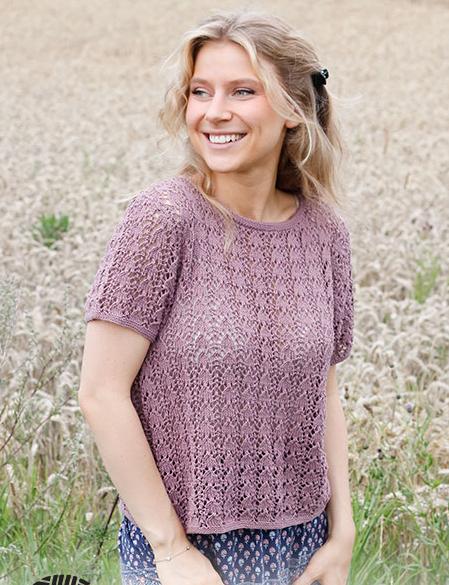 Playful Petals / DROPS 220-24 - Knitted sweater with short sleeves in DROPS Safran. The piece is worked with lace pattern. Sizes S - XXXL.