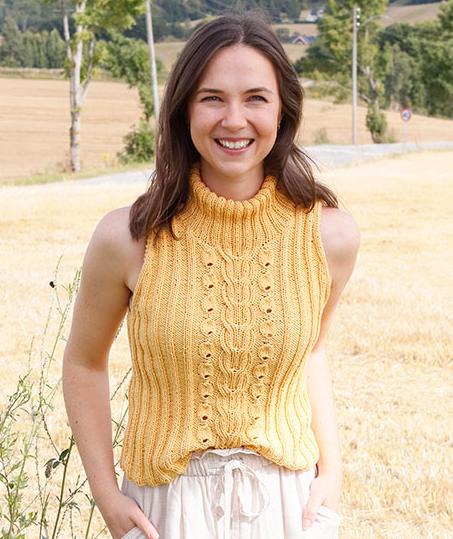 Sunshine Road / DROPS 223-25 - Knitted top in DROPS Muskat with cables, rib and double neck. Sizes XS - XXXL.