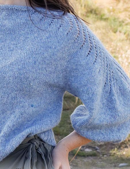 Sapphire Trails / DROPS 222-24 - Knitted jumper in DROPS Sky. The piece is worked top down, with lace pattern and ¾-length balloon sleeves. Sizes S - XXXL.