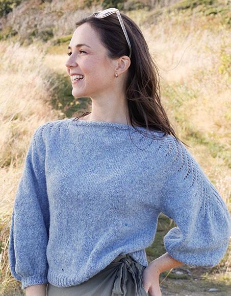 Sapphire Trails / DROPS 222-24 - Knitted jumper in DROPS Sky. The piece is worked top down, with lace pattern and ¾-length balloon sleeves. Sizes S - XXXL.