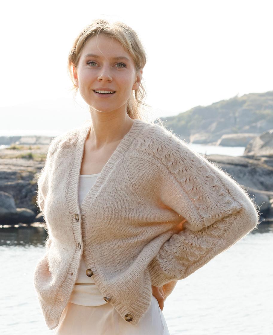 Bronze Summer / DROPS 221-4 - Knitted jacket in DROPS Air. Piece is knitted top down with raglan, lace pattern and V-neck. Size: S - XXXL