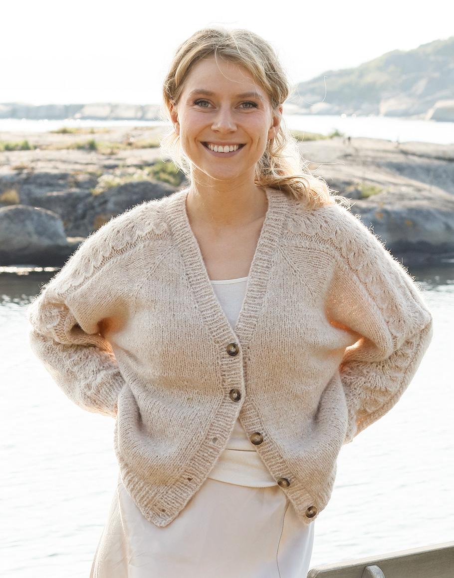Bronze Summer / DROPS 221-4 - Knitted jacket in DROPS Air. Piece is knitted top down with raglan, lace pattern and V-neck. Size: S - XXXL