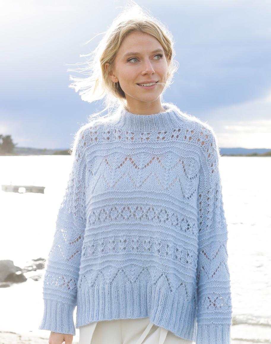 Blue Porcelain / DROPS 241-1 - Knitted jumper in DROPS BabyMerino and DROPS Kid-Silk. The piece is worked top down with European/diagonal shoulders and lace pattern. Sizes S - XXXL.