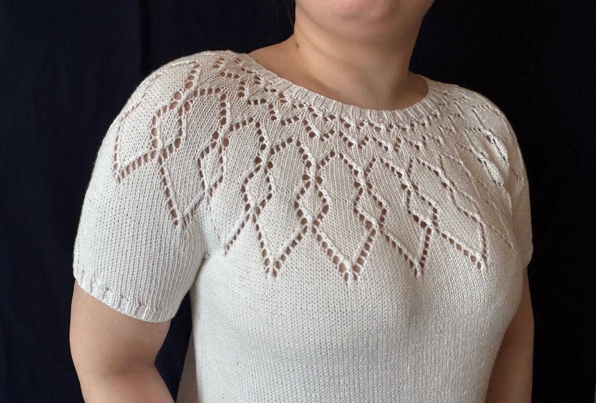 длина изделия - 66см, длина ажурной части кокетки - 14,5см, ширина по груди - 52см, ширина по низу - 58см, ширина рукава - 18см