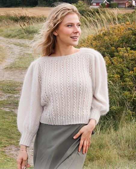 White Water / DROPS 222-25 - Knitted jumper in 2 strands DROPS Kid-Silk. Piece is knitted top down with round saddle shoulders, lace pattern and pouffe sleeves. Size: S - XXXL