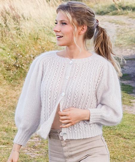 White Water Jacket / DROPS 222-26 - Knitted jacket in 2 strands DROPS Kid-Silk. Piece is knitted top down with round saddle shoulders, lace pattern and pouffe sleeves. Size: S - XXXL