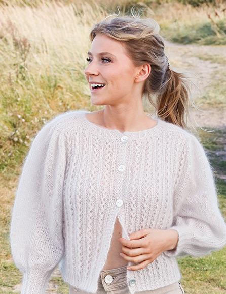 White Water Jacket / DROPS 222-26 - Knitted jacket in 2 strands DROPS Kid-Silk. Piece is knitted top down with round saddle shoulders, lace pattern and pouffe sleeves. Size: S - XXXL