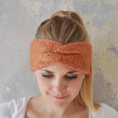 VERSANDFERTIG! zimtblüte Stirnband CARO DOUBLE mit Twist aus Wolle mit Farbverlauf handgestrickt