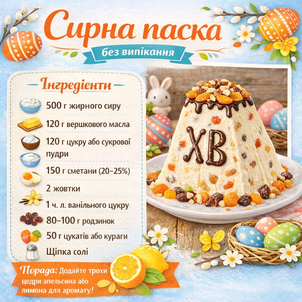 На зображенні може бути: текст «Сирна nacka без випикання Тнгредленти 500 жирного сиру 120 г вершкового масла 120 г цукру або сукровой пудри 150 г сметани (20-25%) (20- 2 жовтки 1ч.Л. Л. ванильного цукру 1 4. .ХВ 80-100 родзинок 50 цукатив або кураги Щипка сол. Порада: Додайте трохи цедри апельсина або лимона для аромату!»