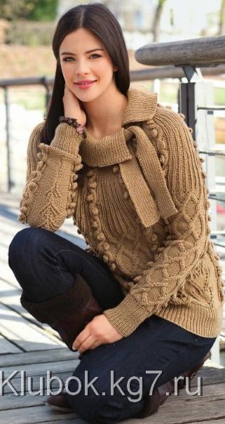 Красиво: пуловер с круглой кокеткой спицами