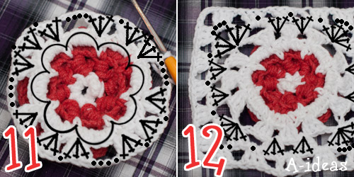 бабушкин квадрат с объемным цветком, схема