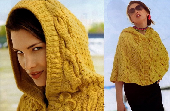 Элегантное пончо с капюшоном спицами из Италии