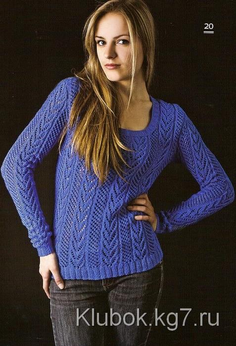 Синий пуловер спицами Синий пуловер спицами
