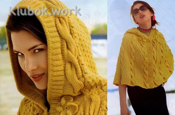 Элегантное пончо с капюшоном спицами из Италии