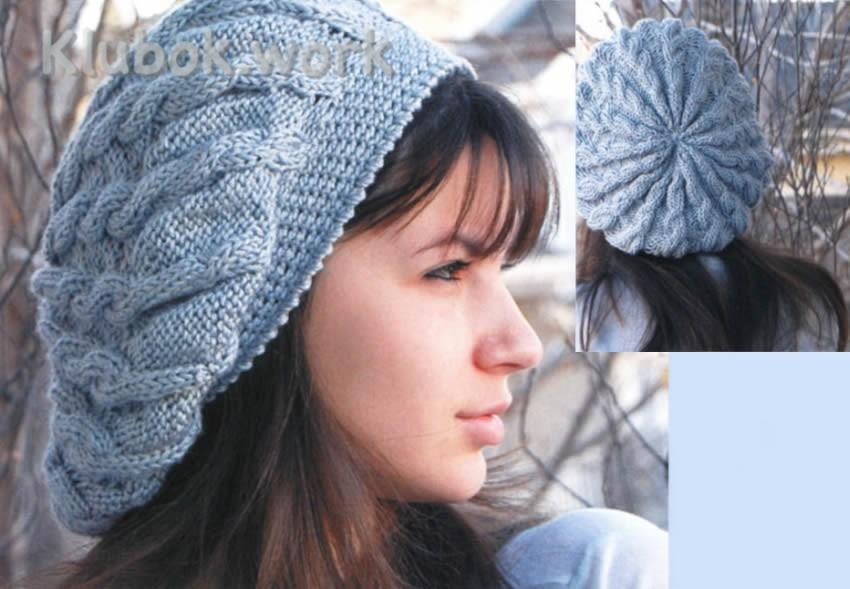 Берет вязаный спицами. Берет с косами Берет вязаный спицами. Берет с косами