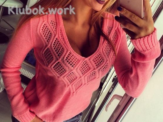 Пуловер с ажурною кокеткой спицами. Пуловер с ажурною кокеткой спицами.