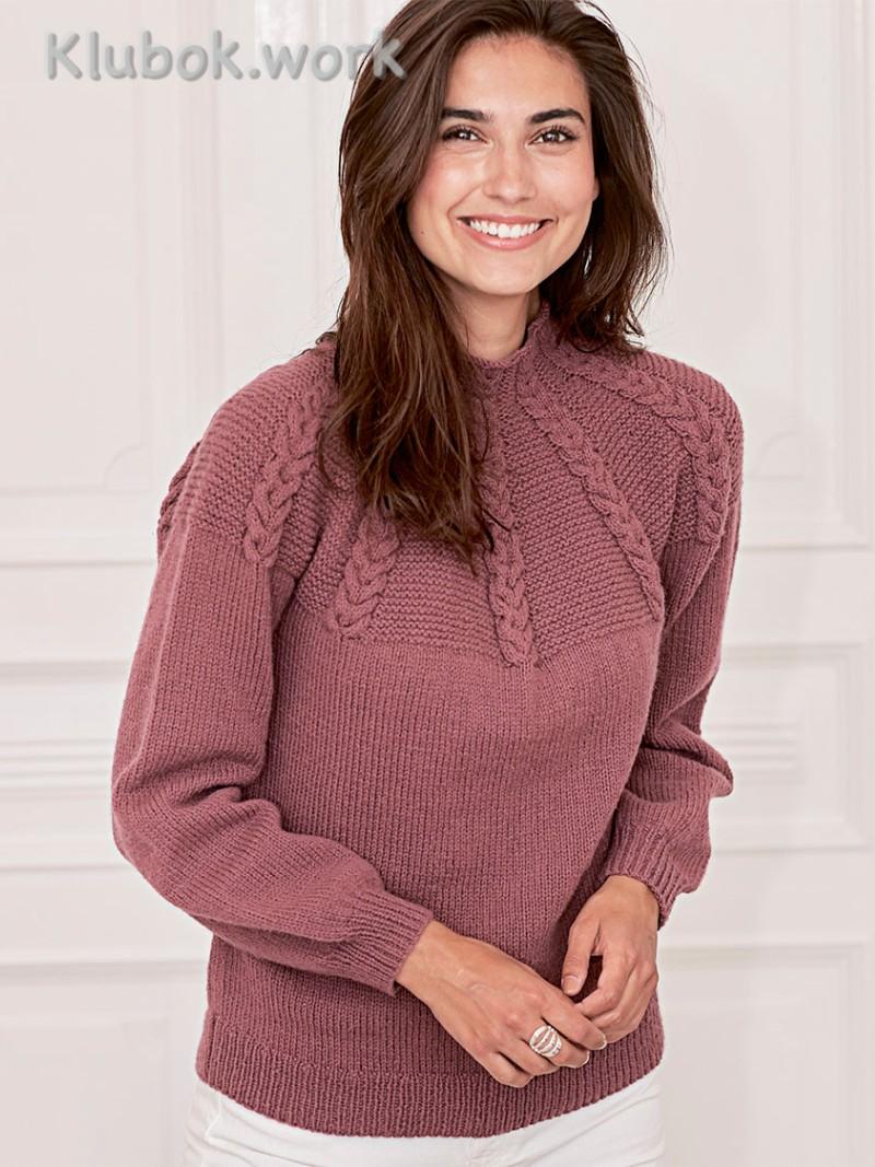 Свитер с кокеткой с узором из кос спицами Свитер с кокеткой с узором из кос спицами
